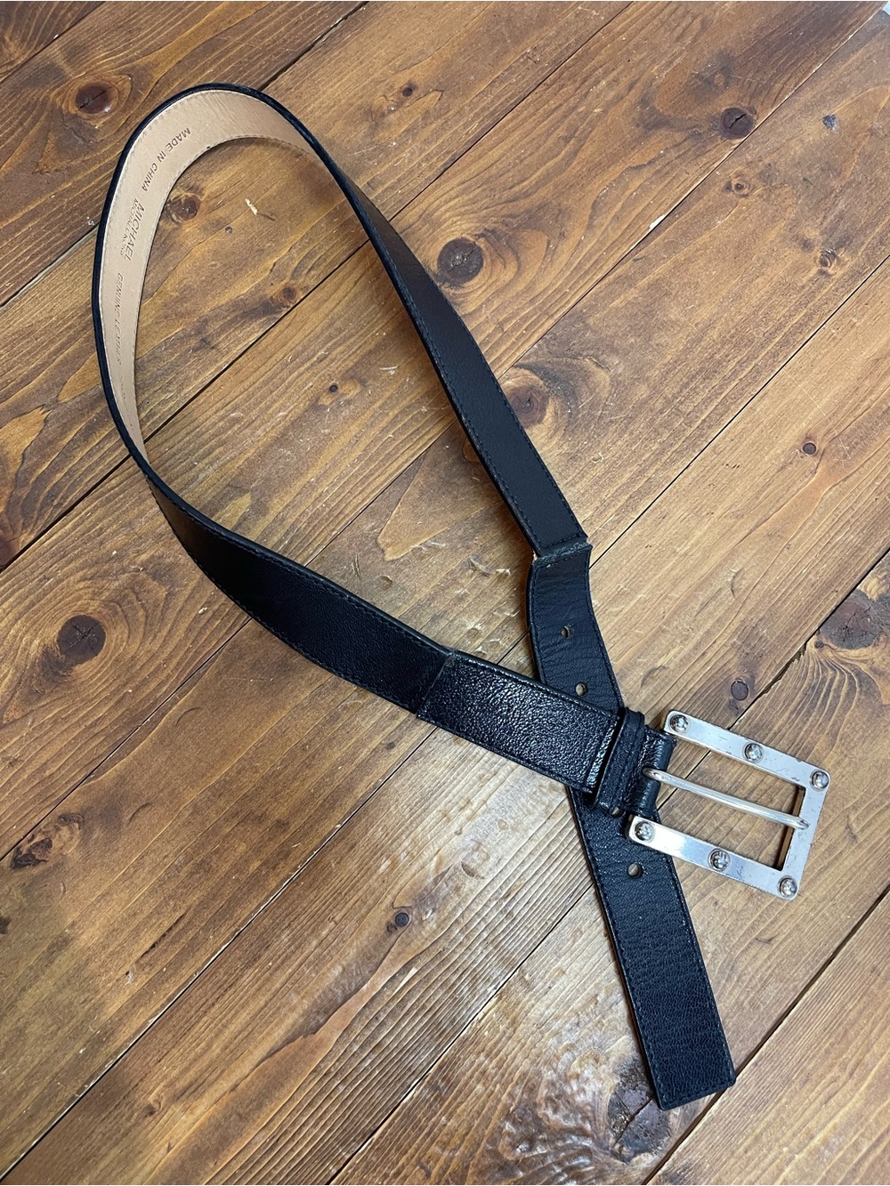 Michael Michael Kors black leather belt with large silver tone buckle small